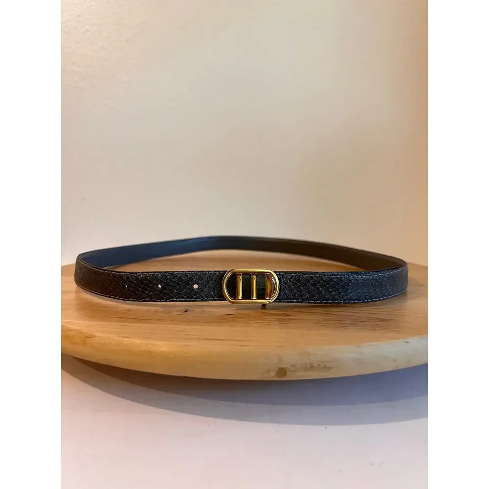 Vintage Gray Leather Gold Hook Buckle Belt Size Small to Medium